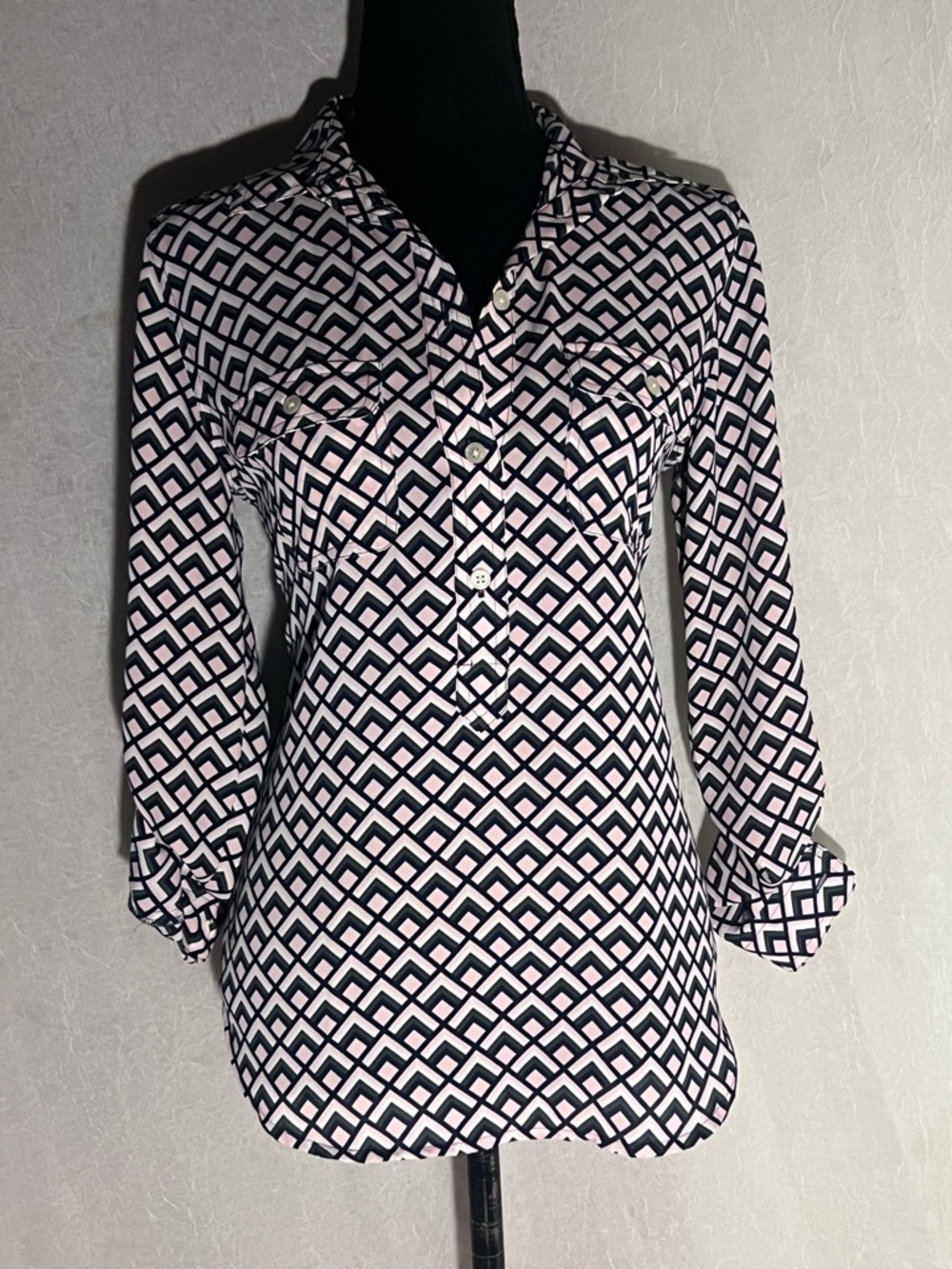 LOFT pink & green Geometric Button-Down Blouse